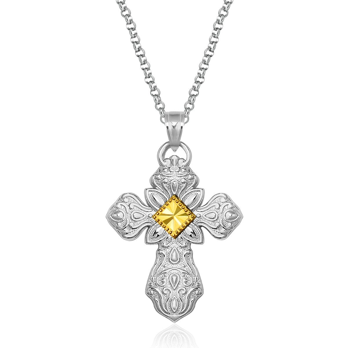 Designer Sterling Silver and 14K Yellow Gold Ornamental Cross Pendant