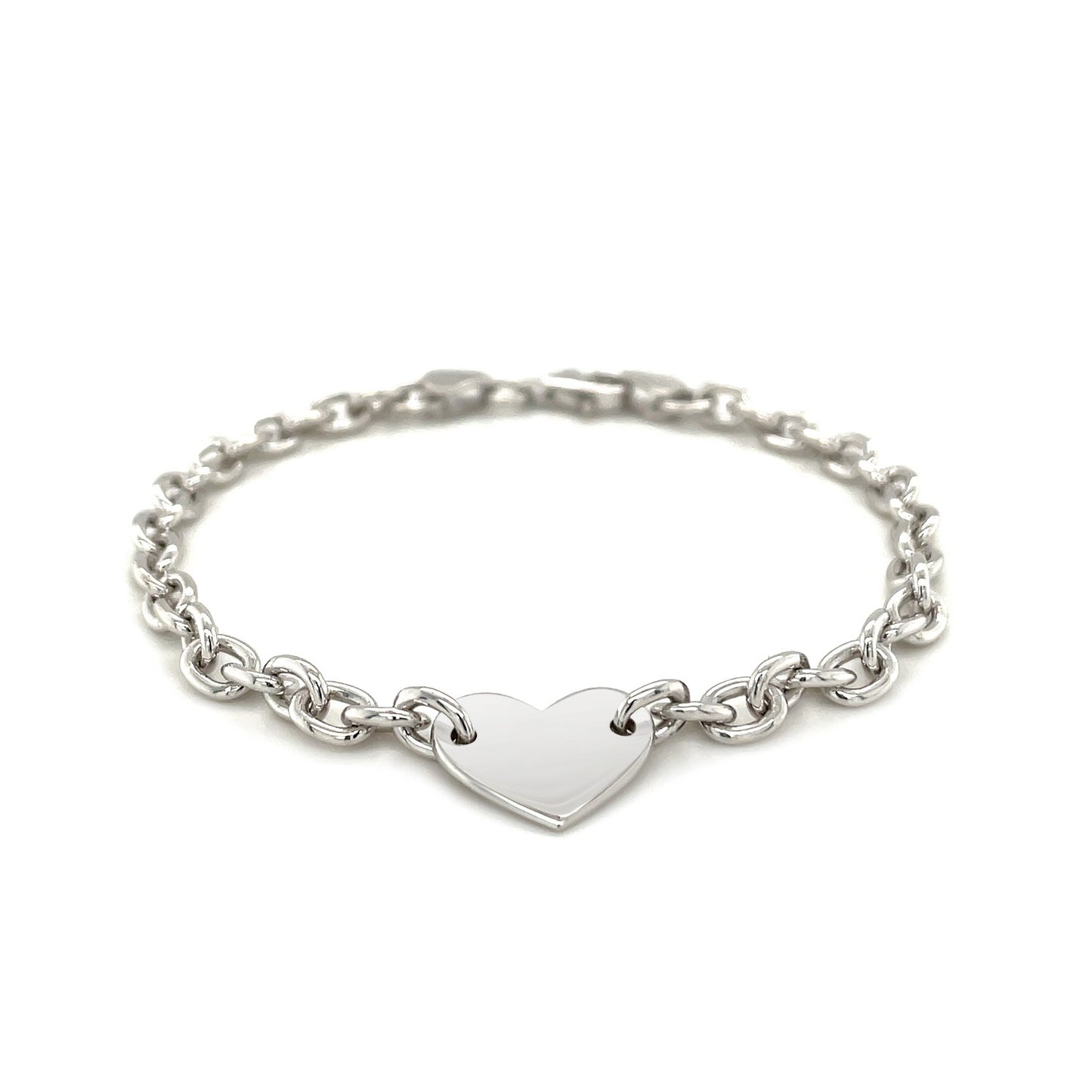 Sterling Silver Rhodium Plated Chain Bracelet with a Flat Heart Station