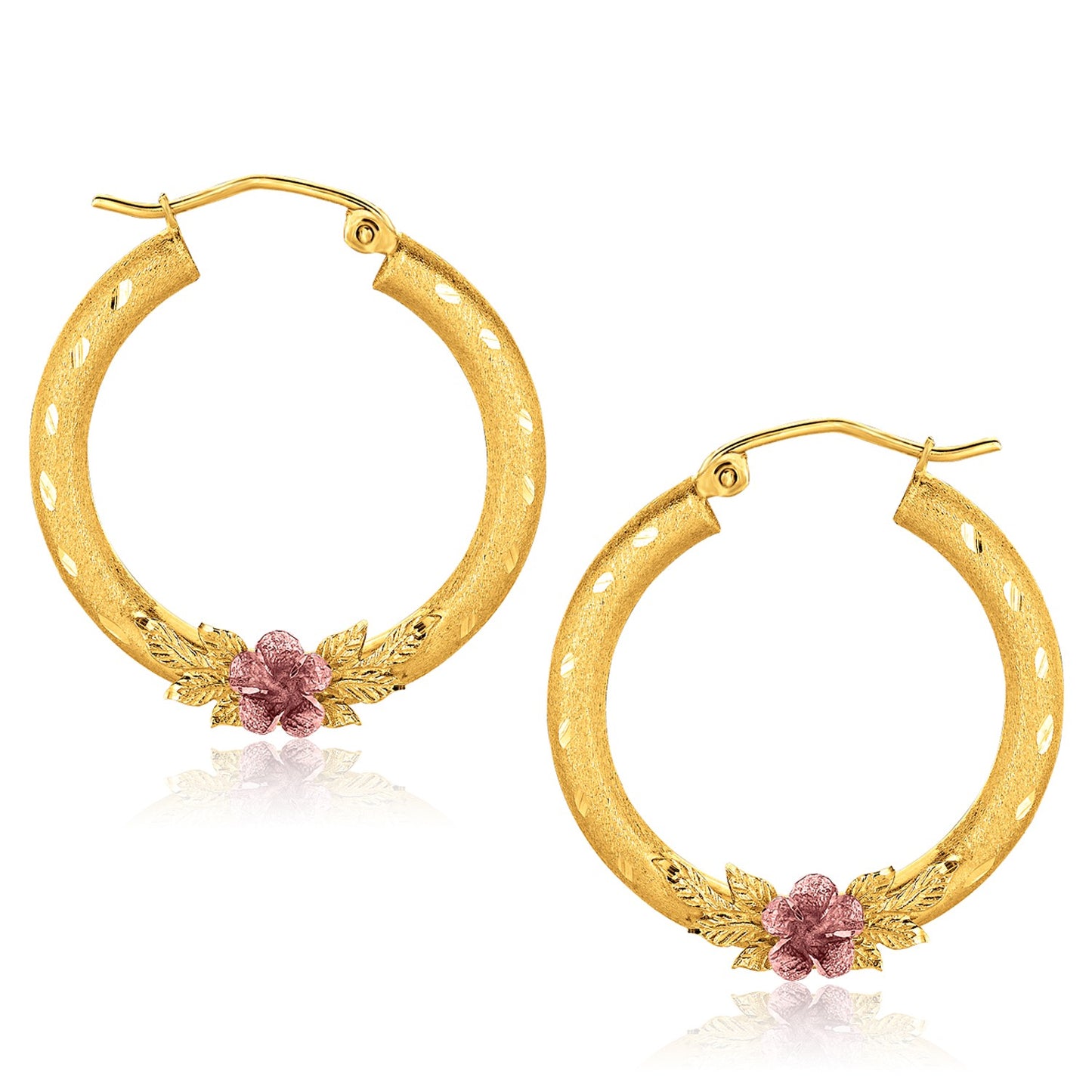 10K Two-Tone Gold Hoop Earrings with Flower Motif