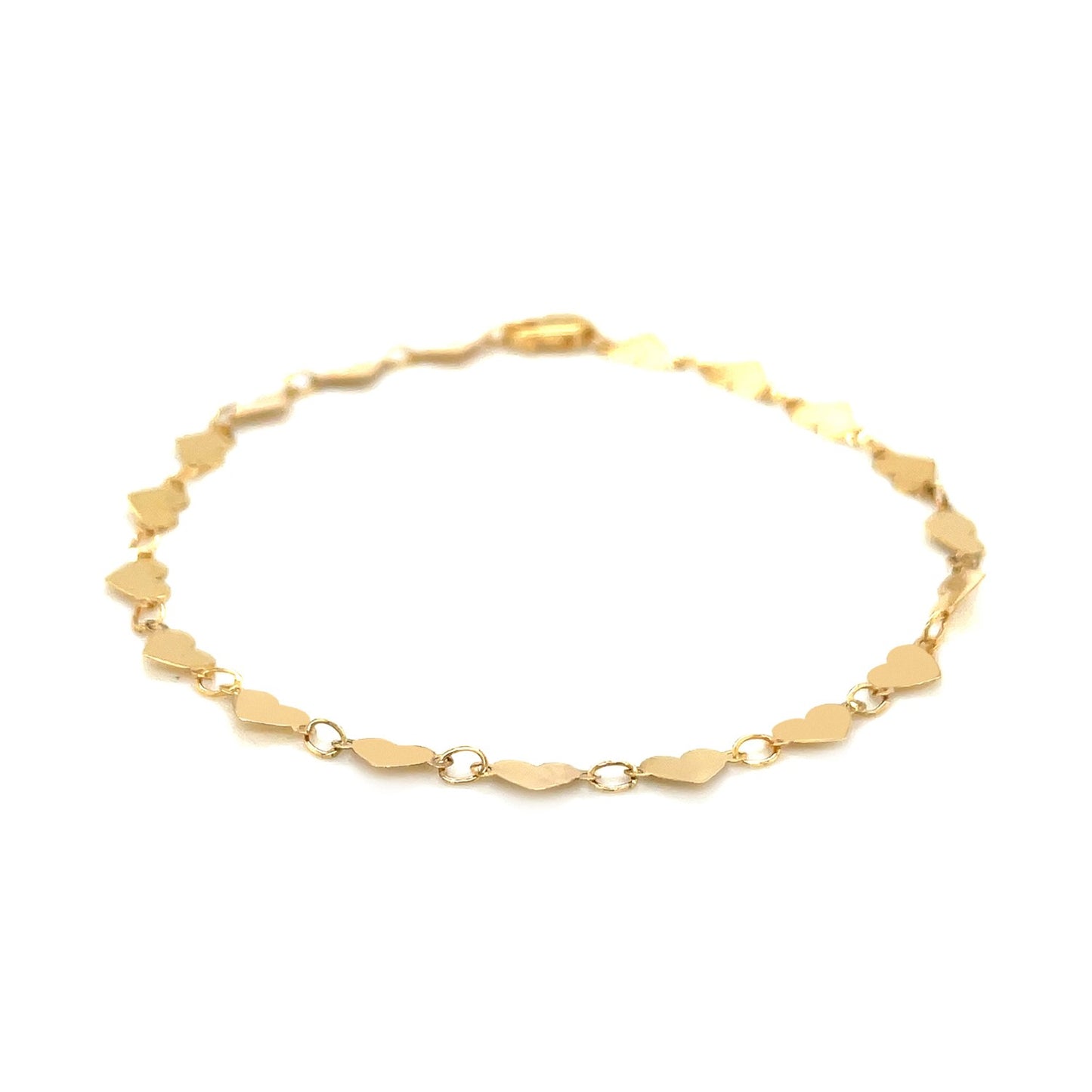 14k Yellow Gold 7 inch Mirrored Heart Chain Bracelet