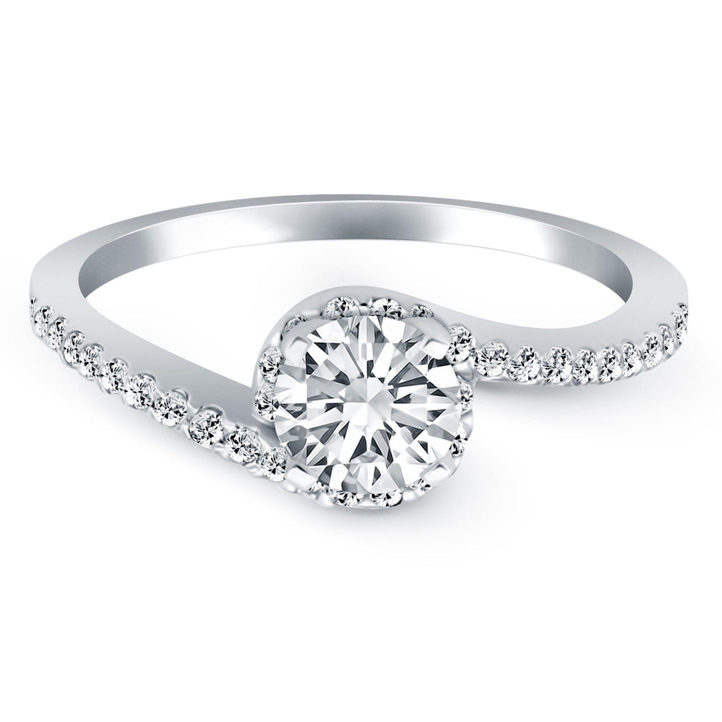 14k White Gold Bypass Swirl Diamond Halo Engagement Ring