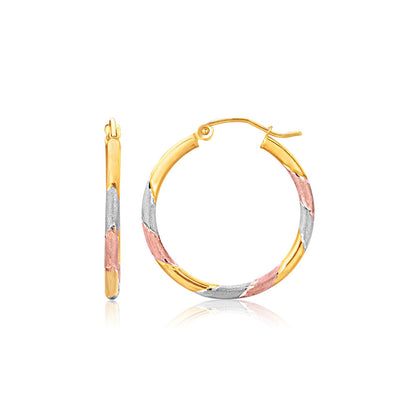 14k Tri-Color Textured Hoop Earrings (1inch Diameter)