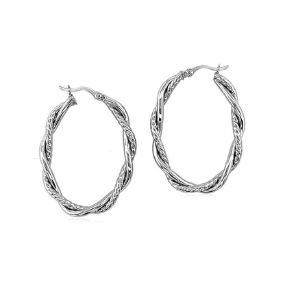 Sterling Silver Oval Hoop Braided Diamond Cut Earrings