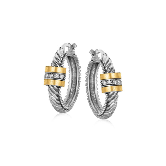 18k Yellow Gold and Sterling Silver Diamond Italian Cable Style Hoop Earrings