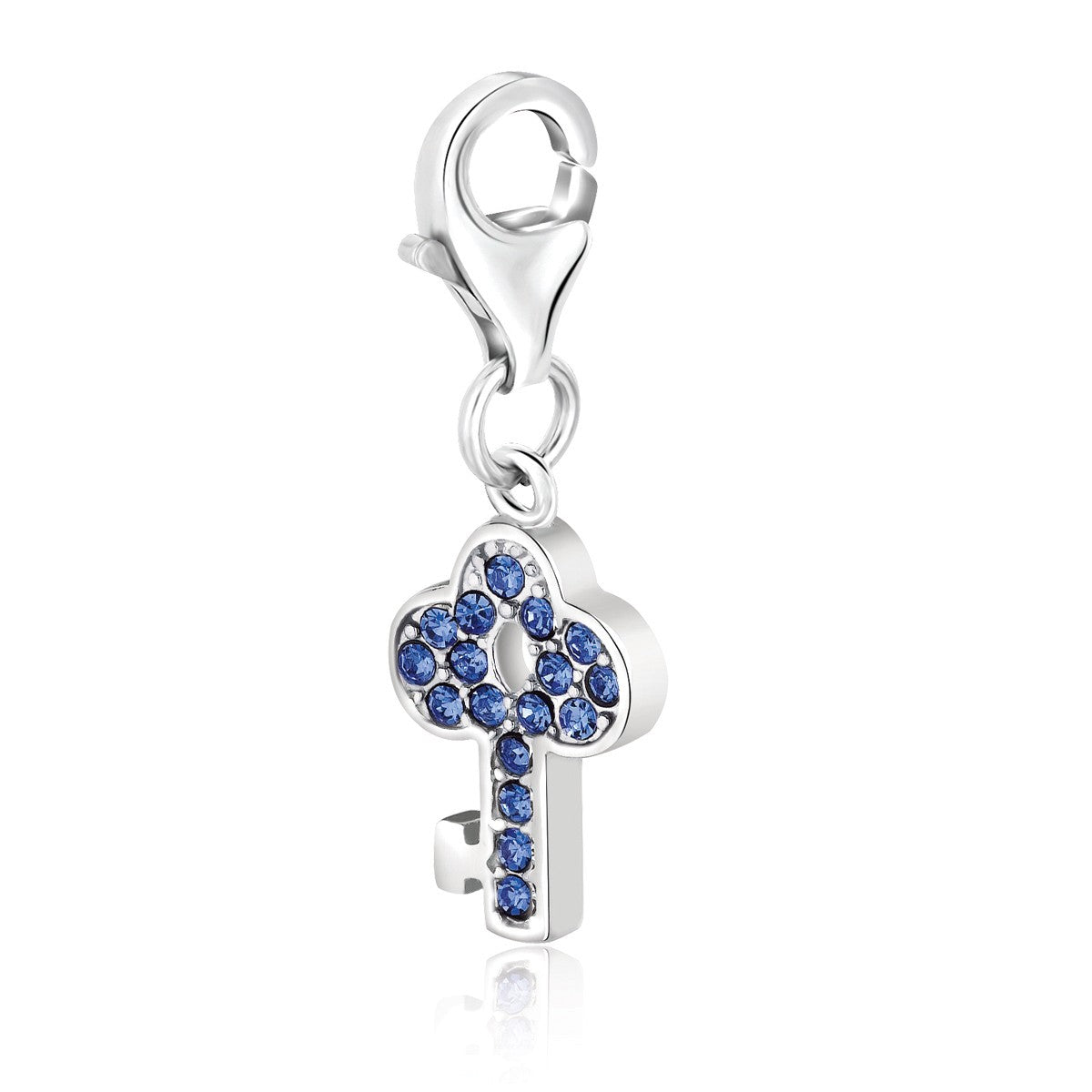 Sterling Silver Key Charm with Blue Tone Crystal Embellishments