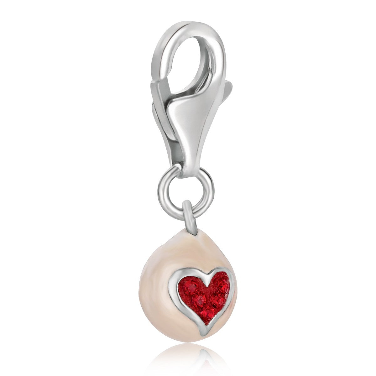 Sterling Silver Egg Charm with Red Tone Crystal Accented Middle Heart Detailing
