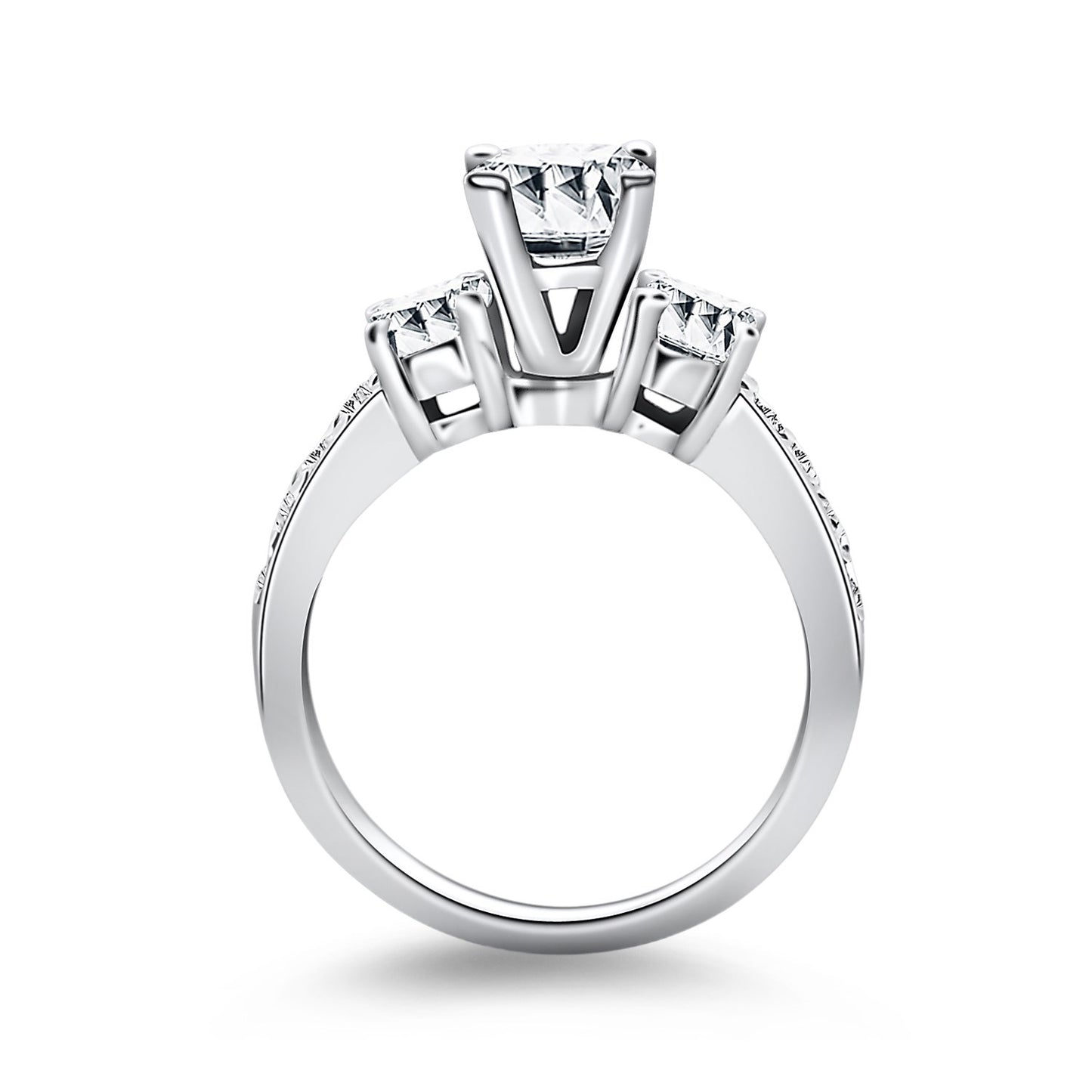 14k White Gold Three Stone Engagement Ring with Diamond Band