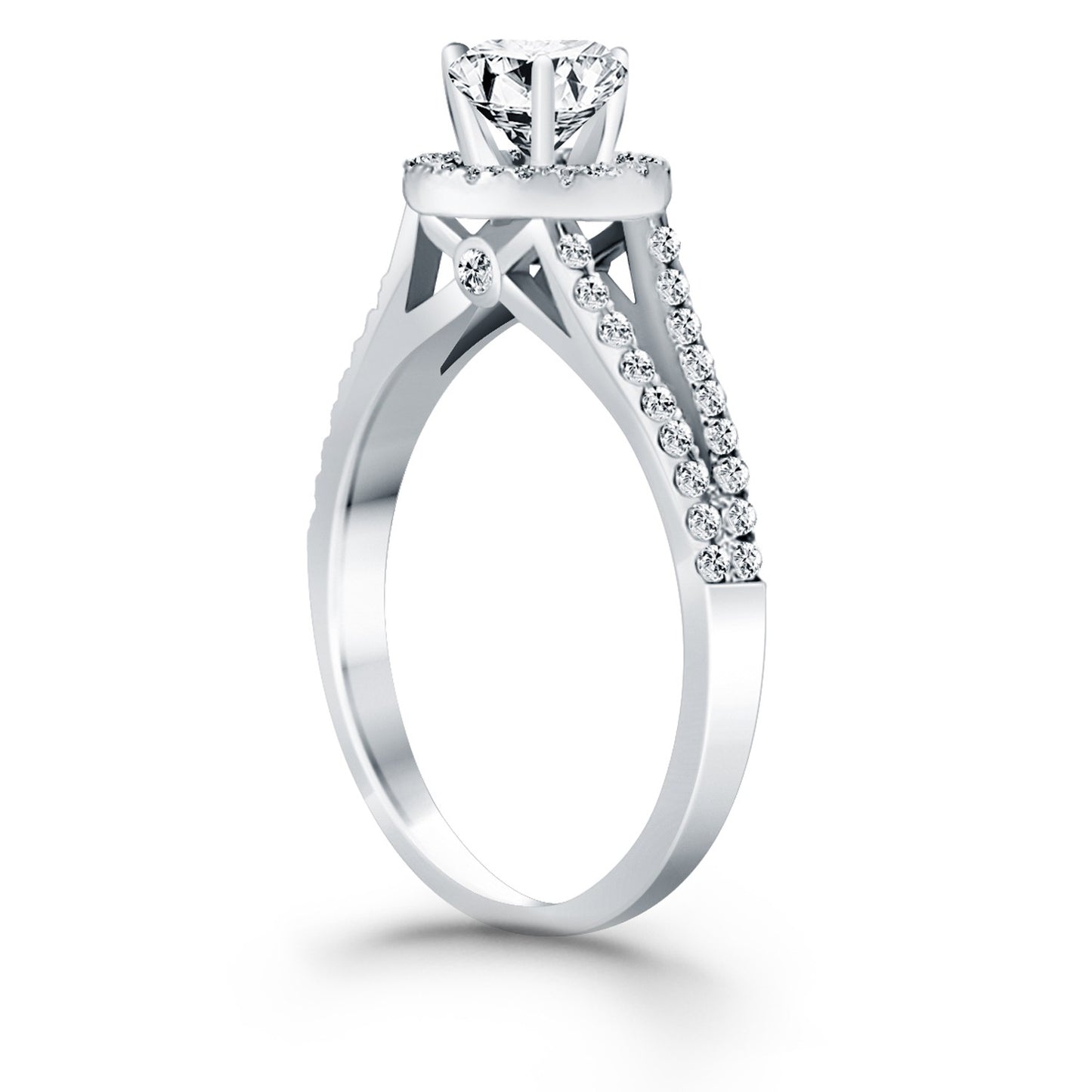 14k White Gold Diamond Halo Split Shank Engagement Ring
