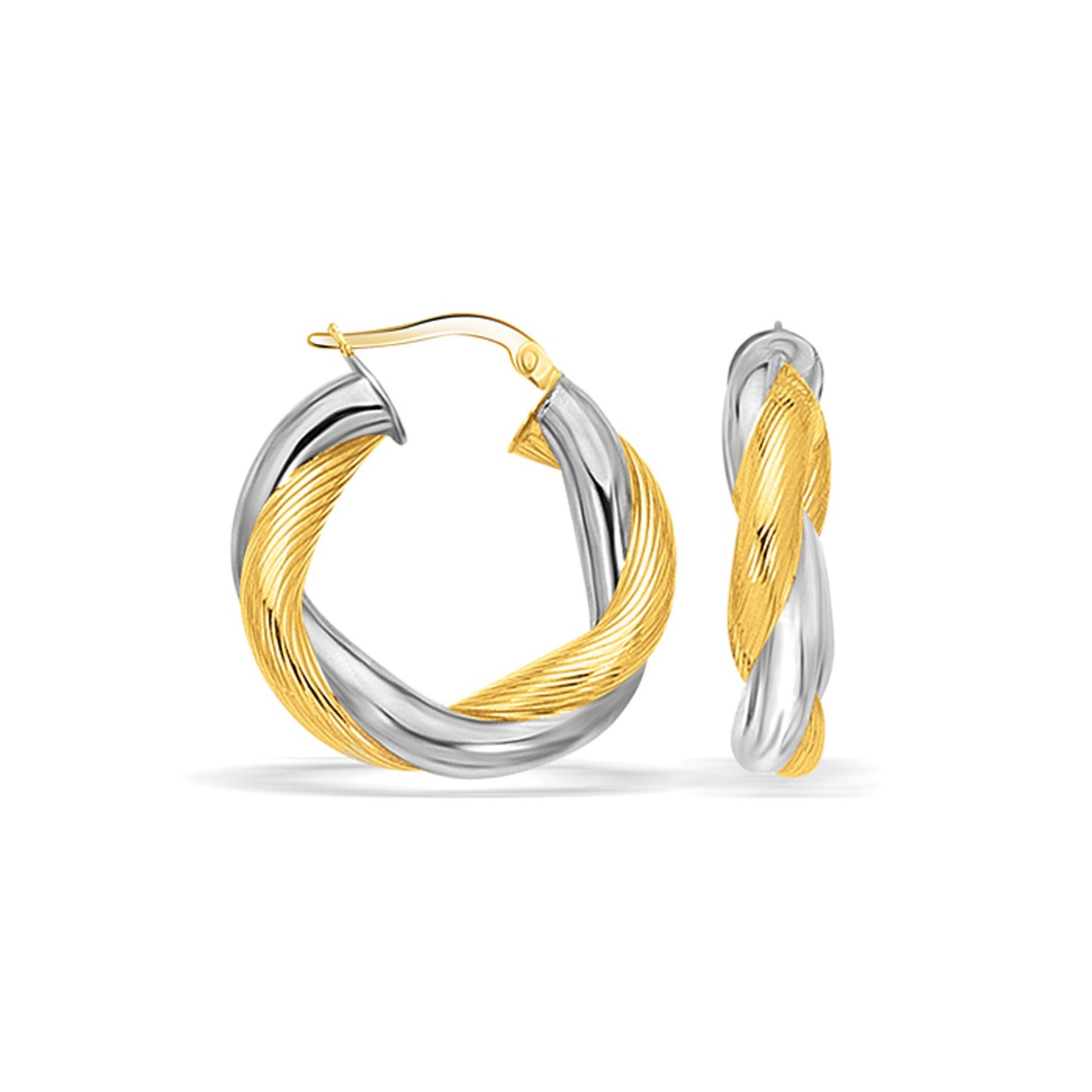 14K Twisted White and Yellow Gold Hoop Earrings (1 inch Diameter)