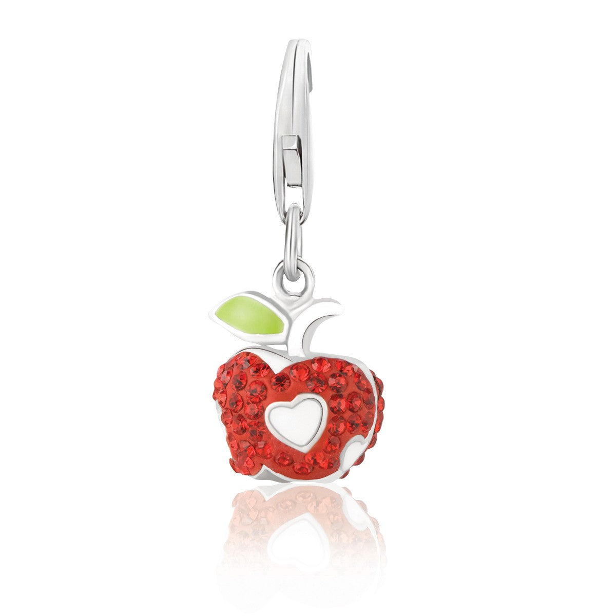 Sterling Silver Heart Shaped Apple Motif Charm Garnished with Red Tone Crystals