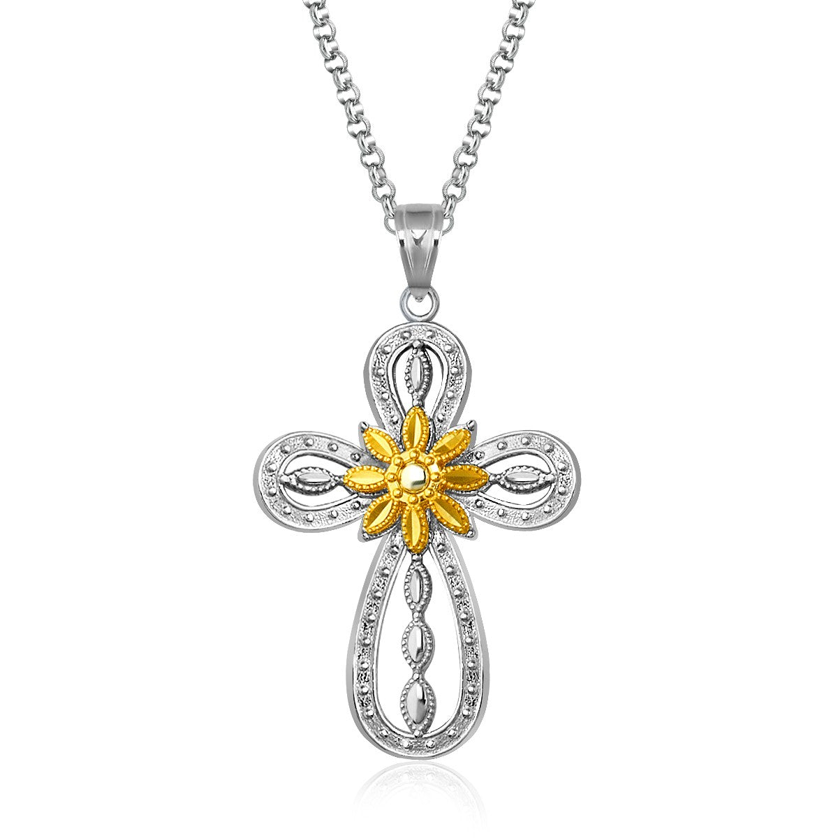 Designer Sterling Silver and 14K Yellow Gold Open Loop Cross Pendant