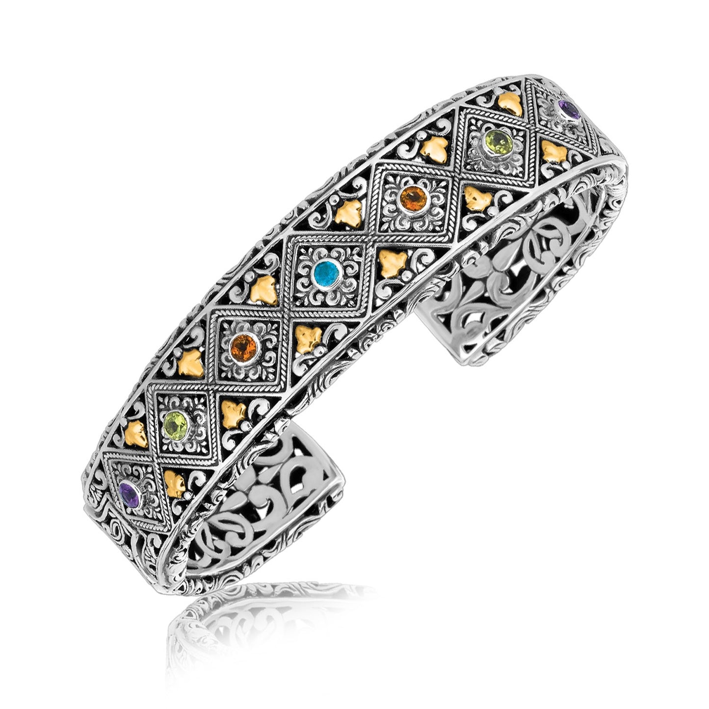18K Yellow Gold and Sterling Silver Open Cuff with Diamond Patterns and Multi Stone Embellishments