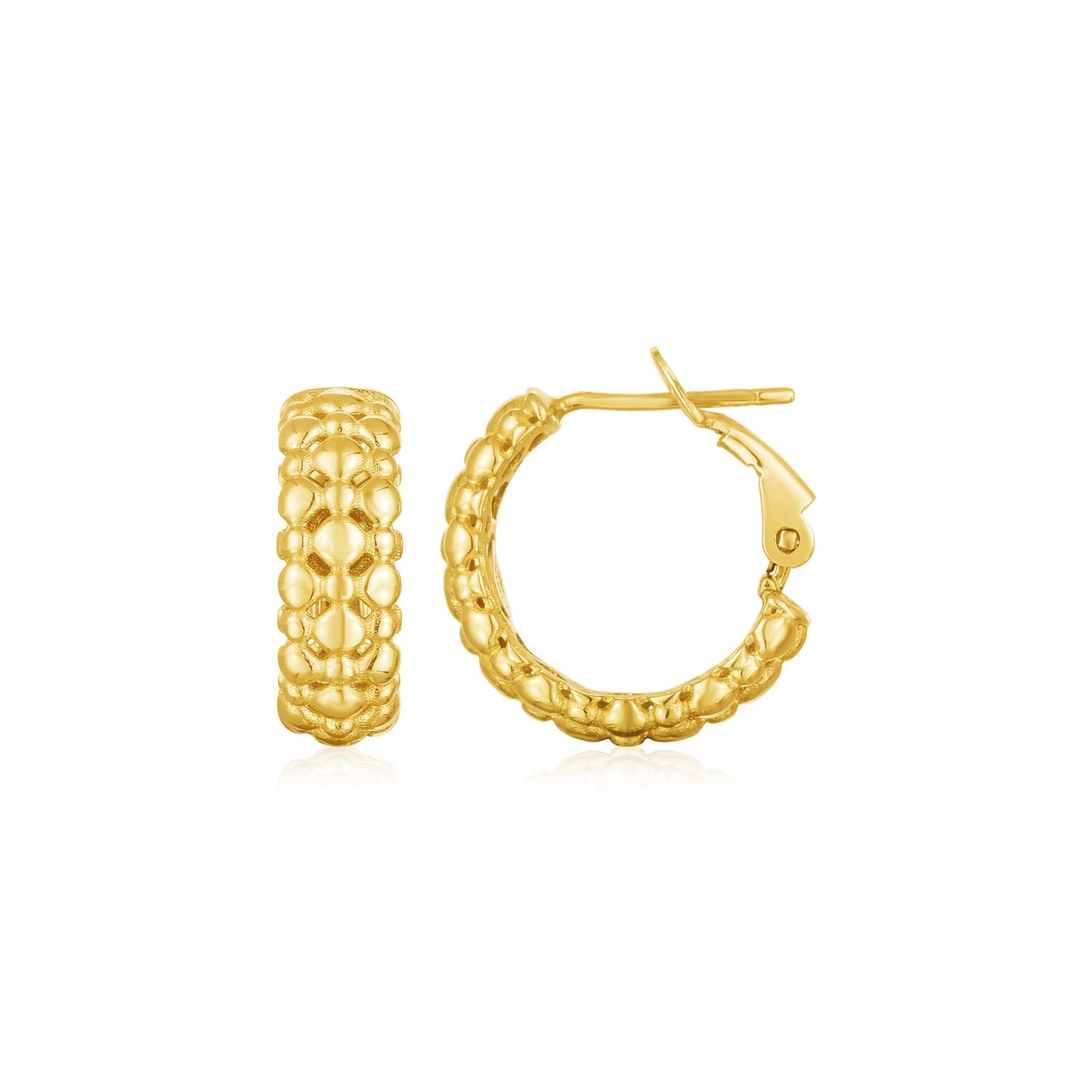 14k Yellow Gold Beaded Puffed Textured Hoop Earrings