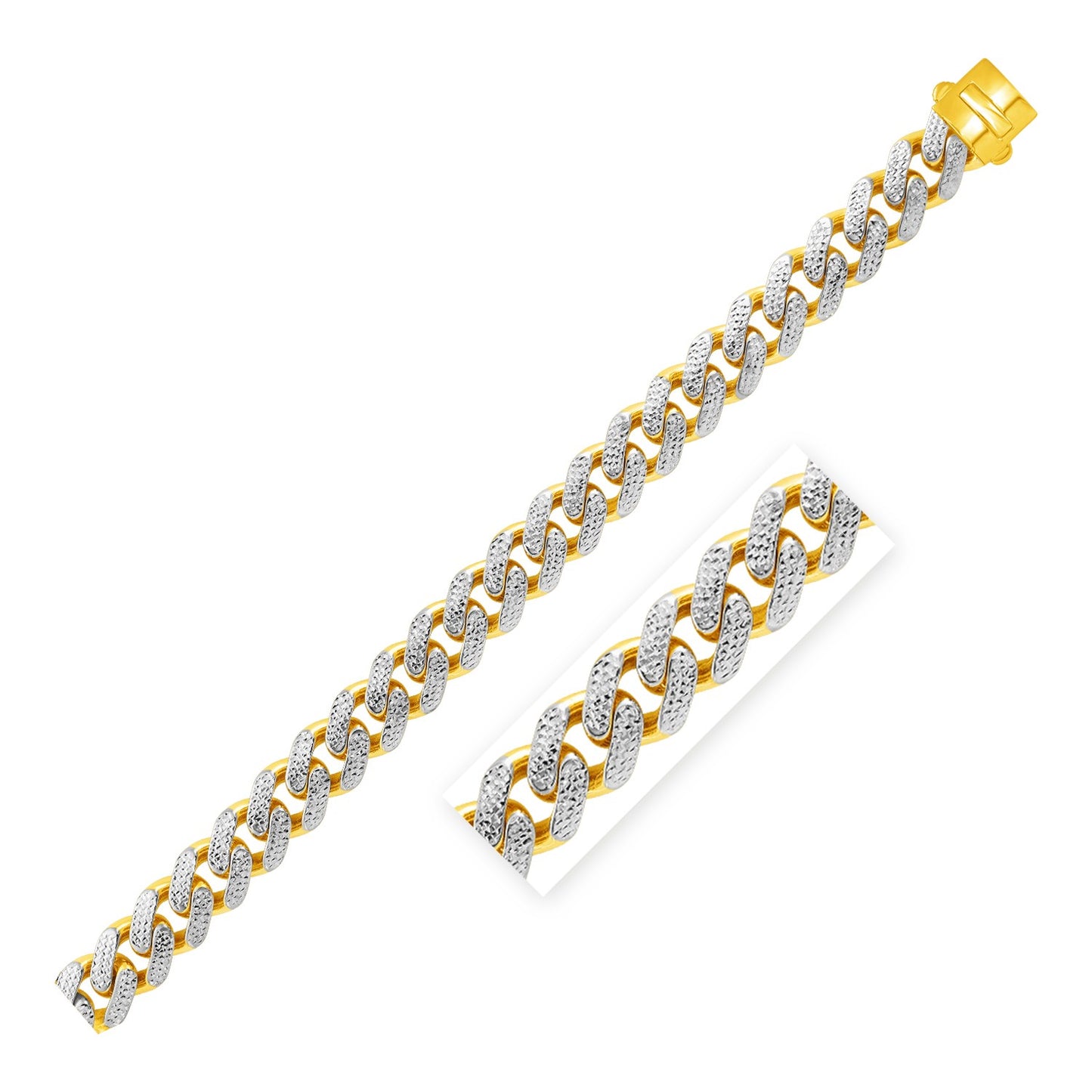 14k Two Tone Gold 8 1/2 inch Wide Curb Chain Bracelet with White Pave