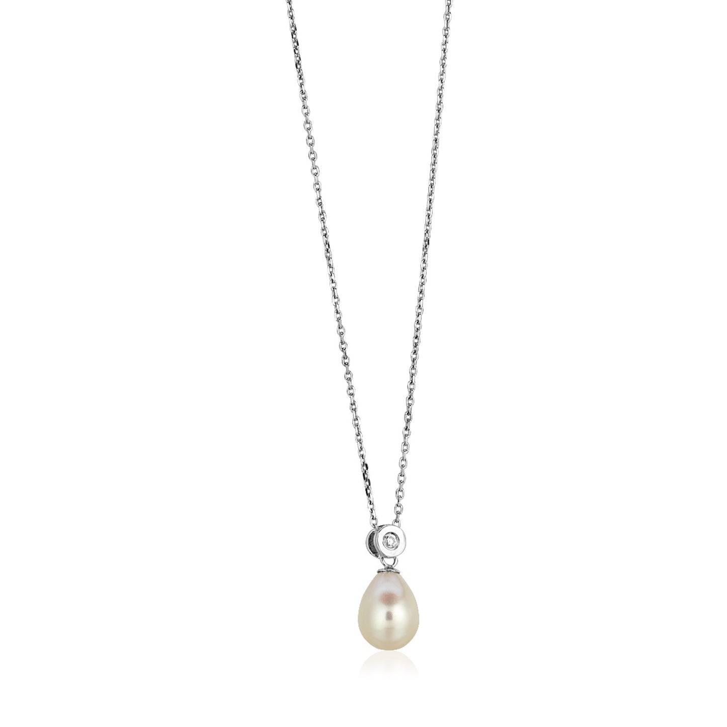 Sterling Silver Necklace with Pear Shaped Pearl and Cubic Zirconias