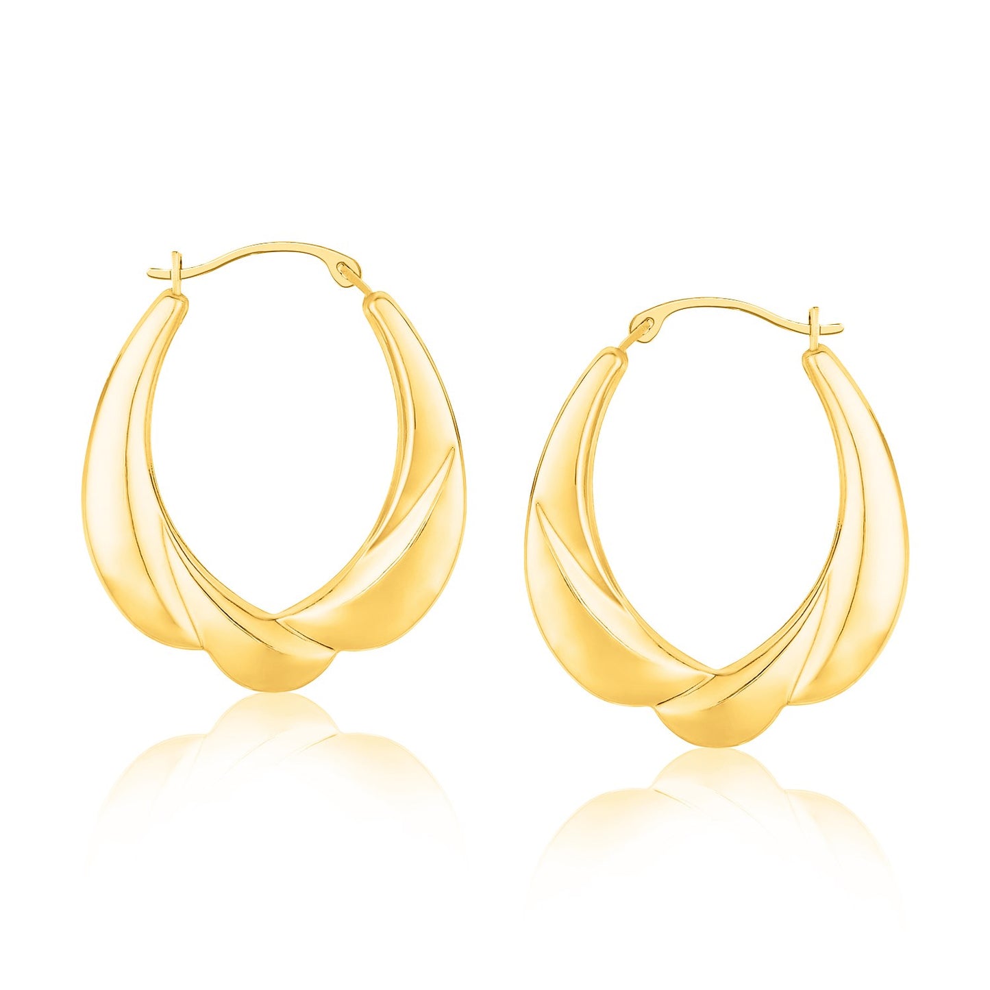 14k Yellow Gold Scallop Motif Graduated Oval Hoop Earrings