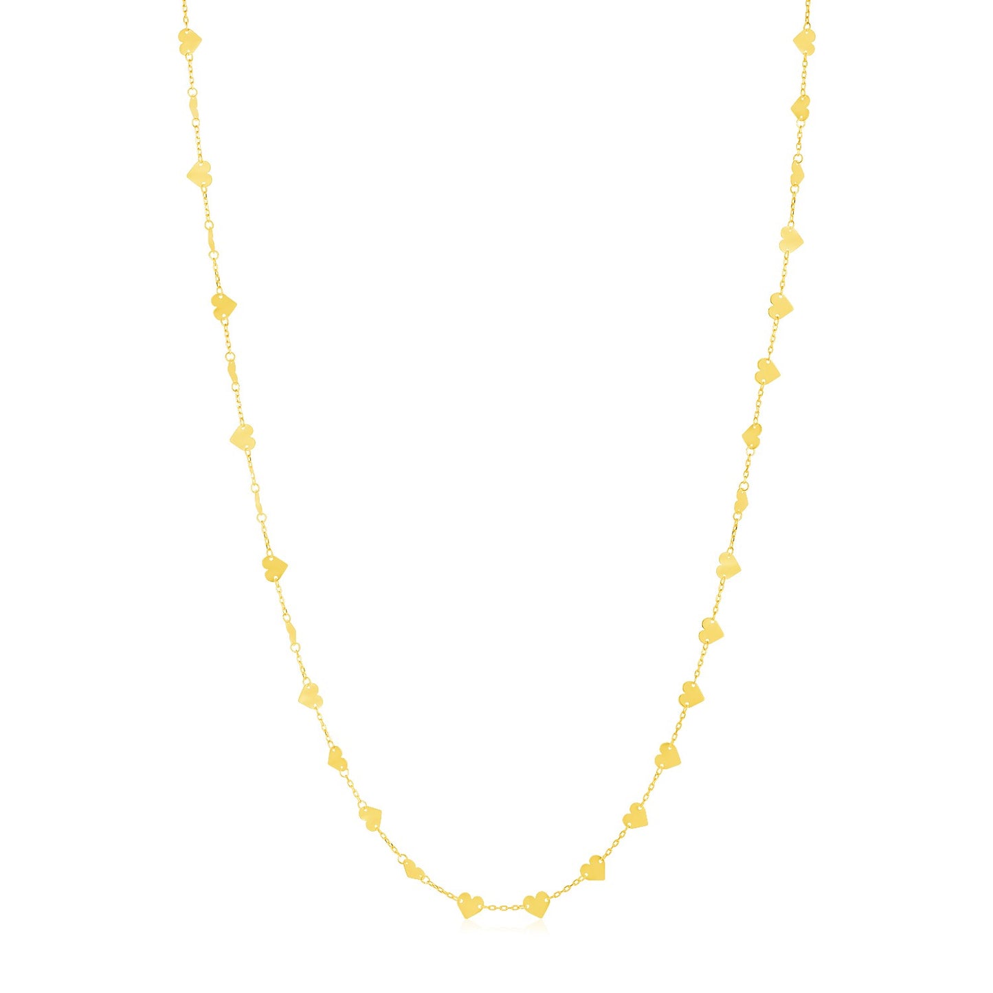 14k Yellow Gold Long Mirrored Heart Chain Station Necklace