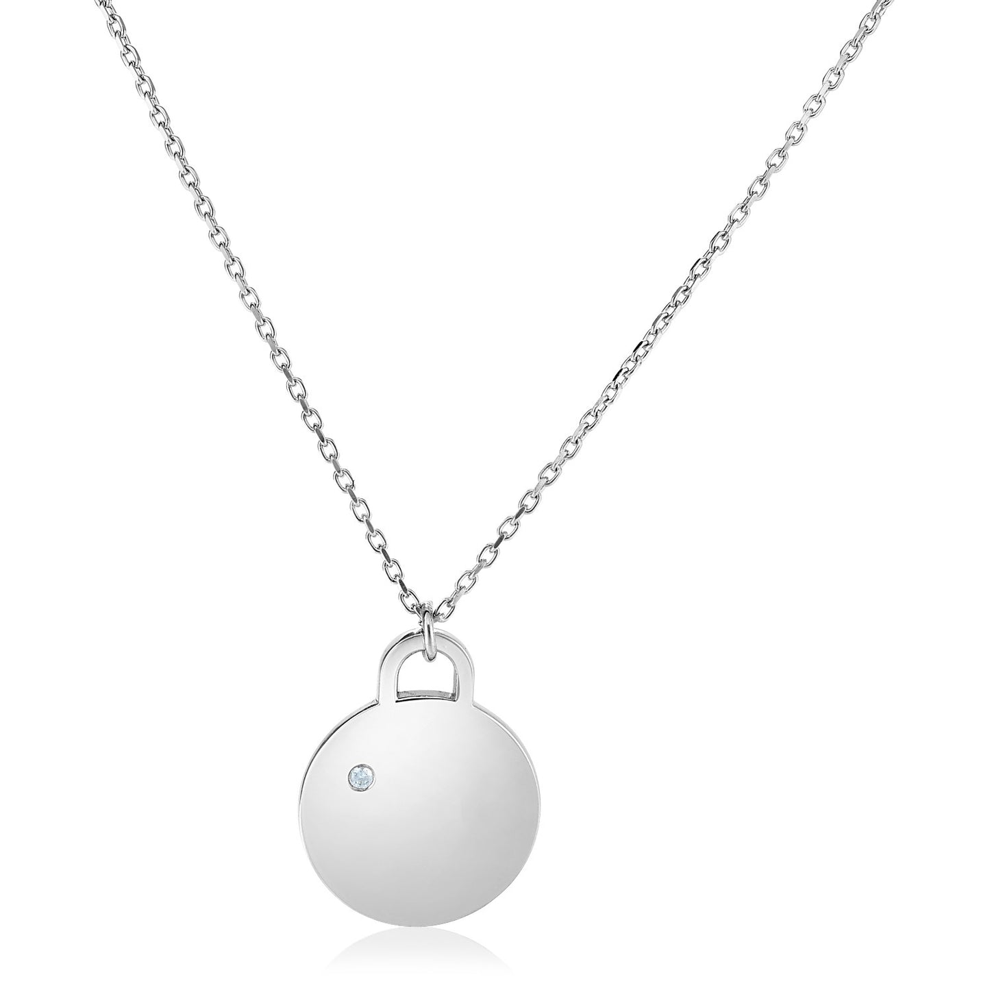Sterling Silver 18 inch Necklace with Polished Disc with Diamond