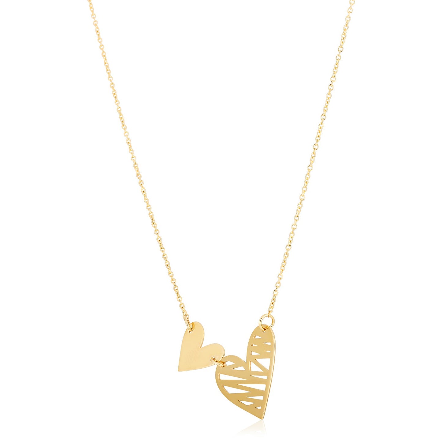 14k Yellow Gold High Polish Solid & Scribble Hearts Necklace