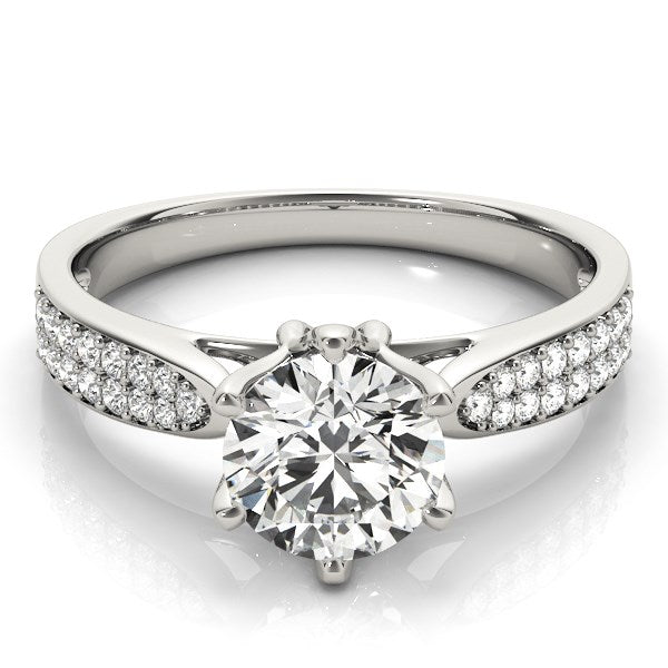 Six Prong 14k White Gold Diamond Engagement Ring with Pave Band (1 5/8 cttw)
