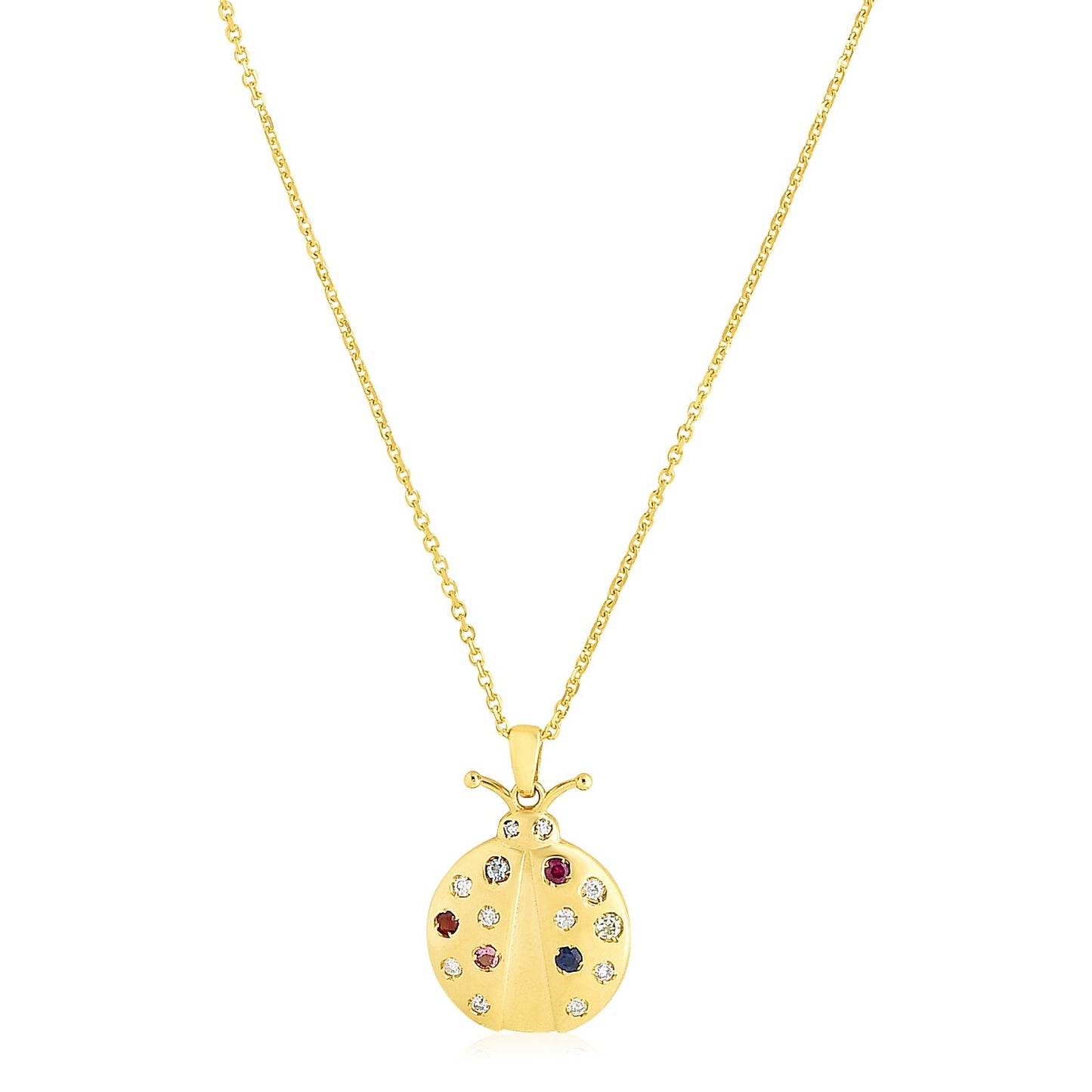 14k Yellow Gold High Polish Ladybug Gemstone Inlay Necklace