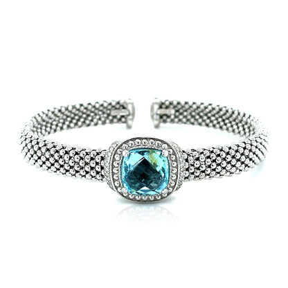 Popcorn Texture Cuff Bangle with Blue Topaz and Diamonds in Sterling Silver